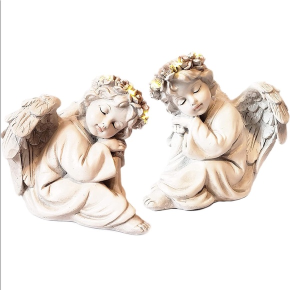 NEW Happy Compost Garden Angel Cherub Statue Figurines Solar Light Halo Set of 2 - Picture 3 of 9
